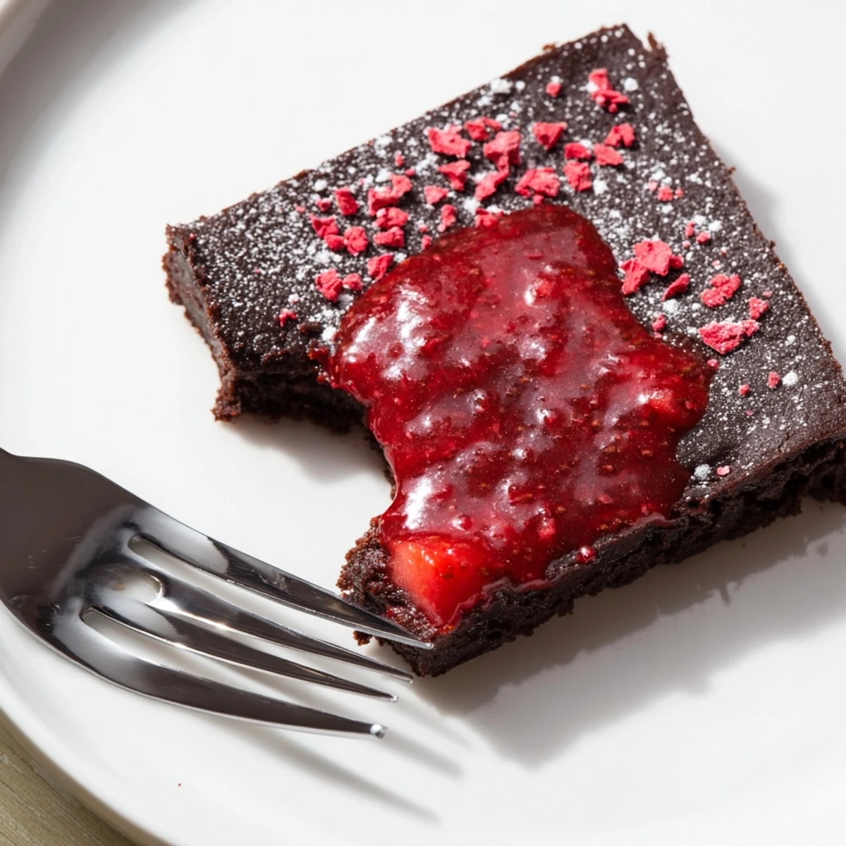 Whipped cream-topped squares of Strawberry Brownies with bright sliced strawberries.