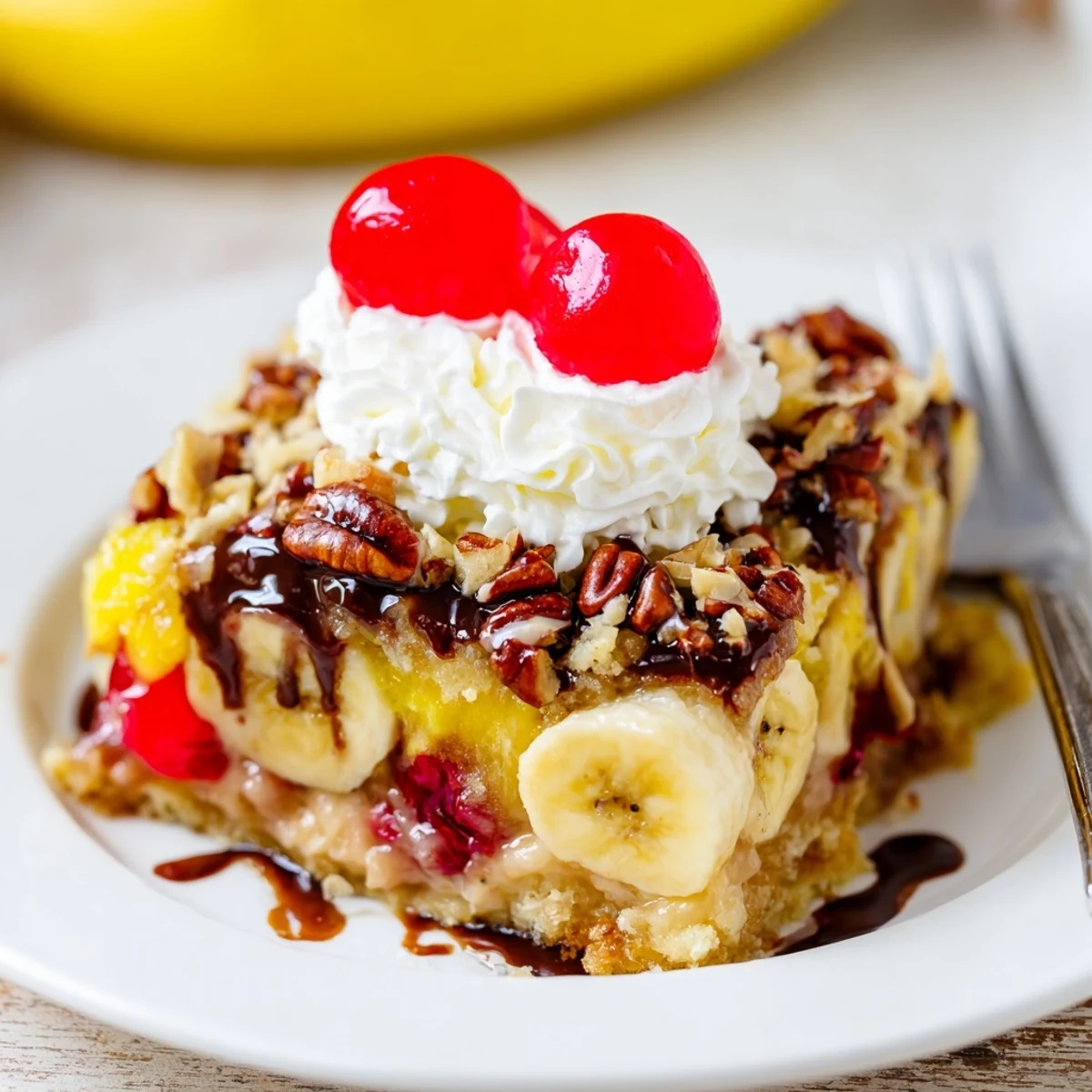 Warm Banana Split Dump Cake with bubbling edges, chocolate chips, whipped cream