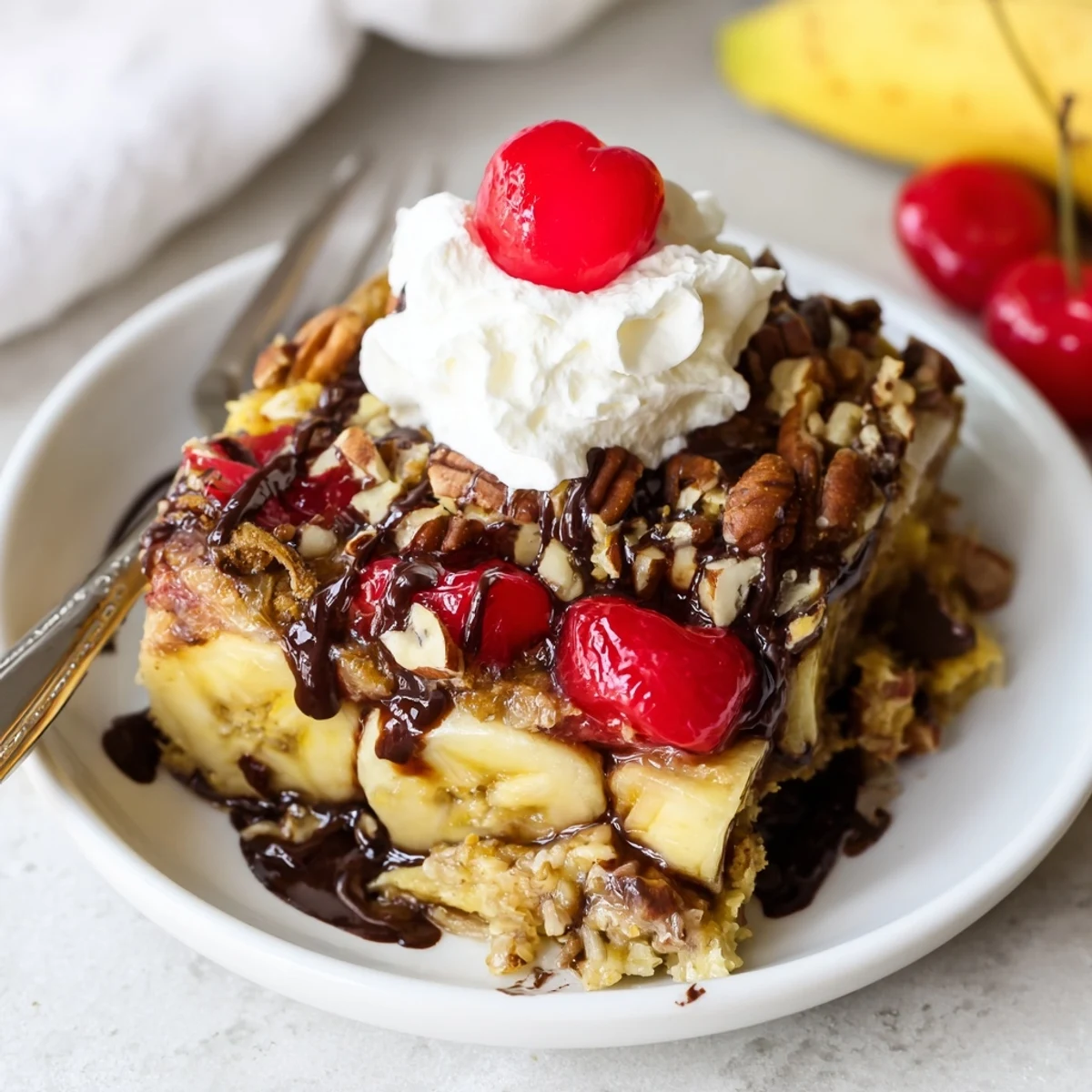 Hearty Banana Split Dump Cake, sliced bananas, oozing pineapple, cherry-topped scoop of vanilla