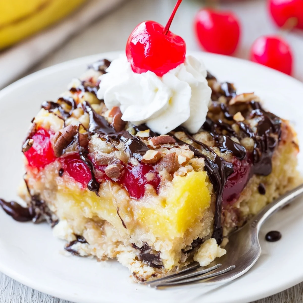 Freshly baked Banana Split Dump Cake cooling in baking dish, golden, overflowing cherries