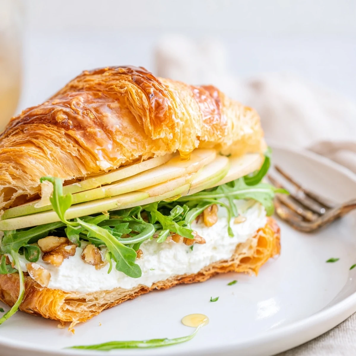 Buttery croissant with peppery arugula and thin apples in Apple Goat Cheese Croissant Sandwich