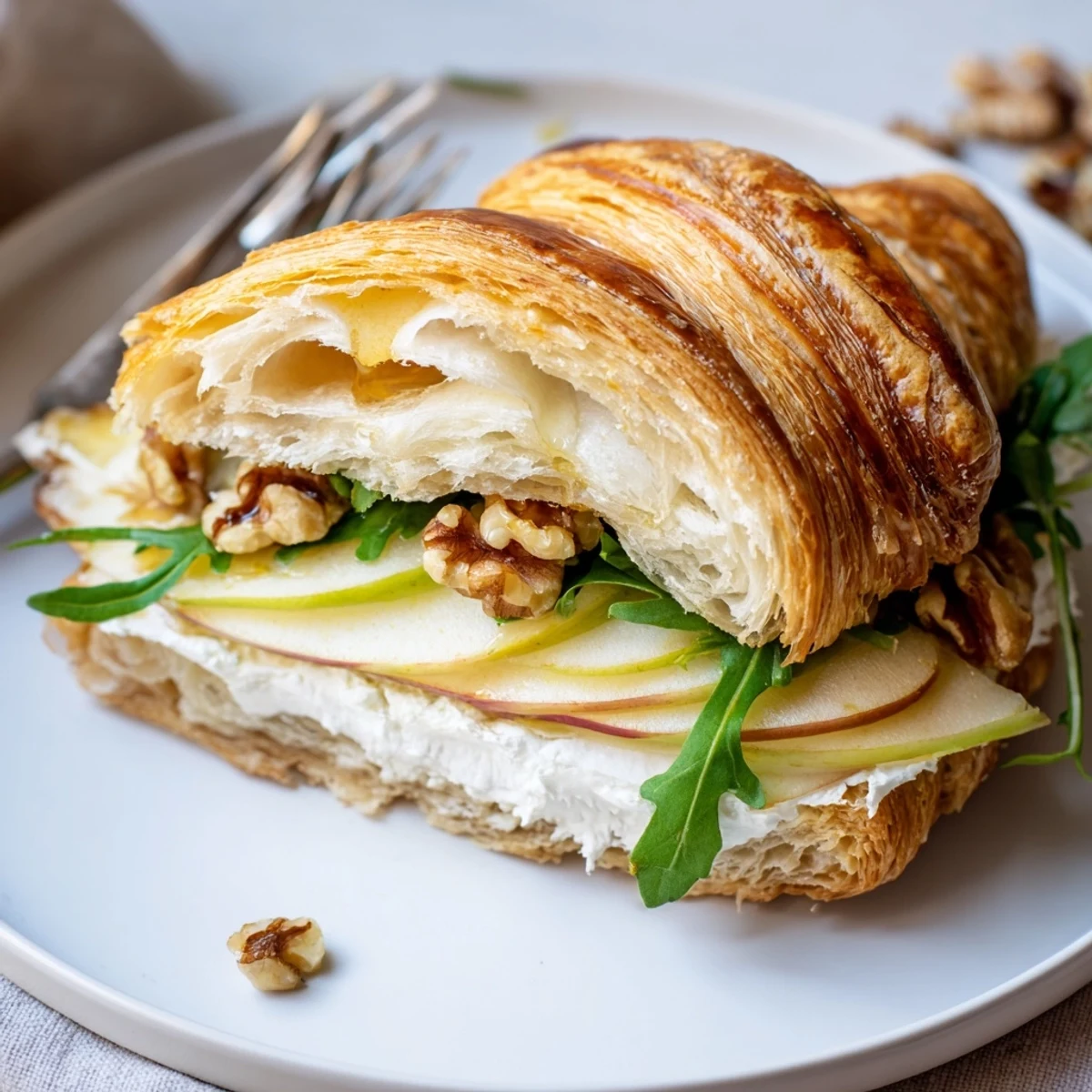 Apple Goat Cheese Croissant Sandwich layered on buttery croissant with crisp apple slices