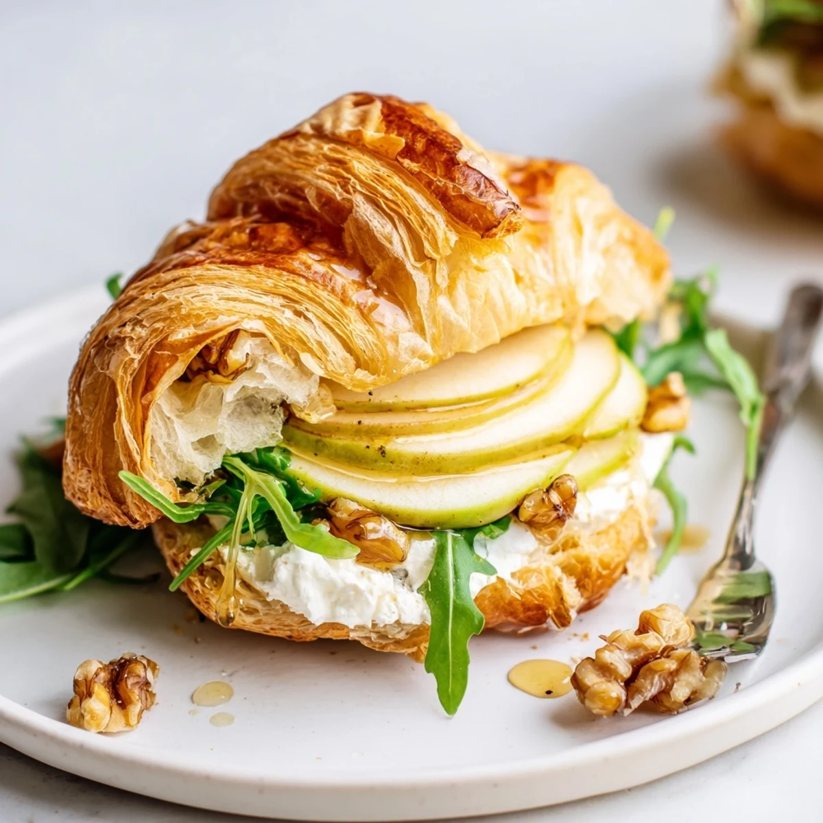 Golden croissant sandwich with creamy tang, crunchy walnuts, enjoy Apple Goat Cheese Croissant Sandwich