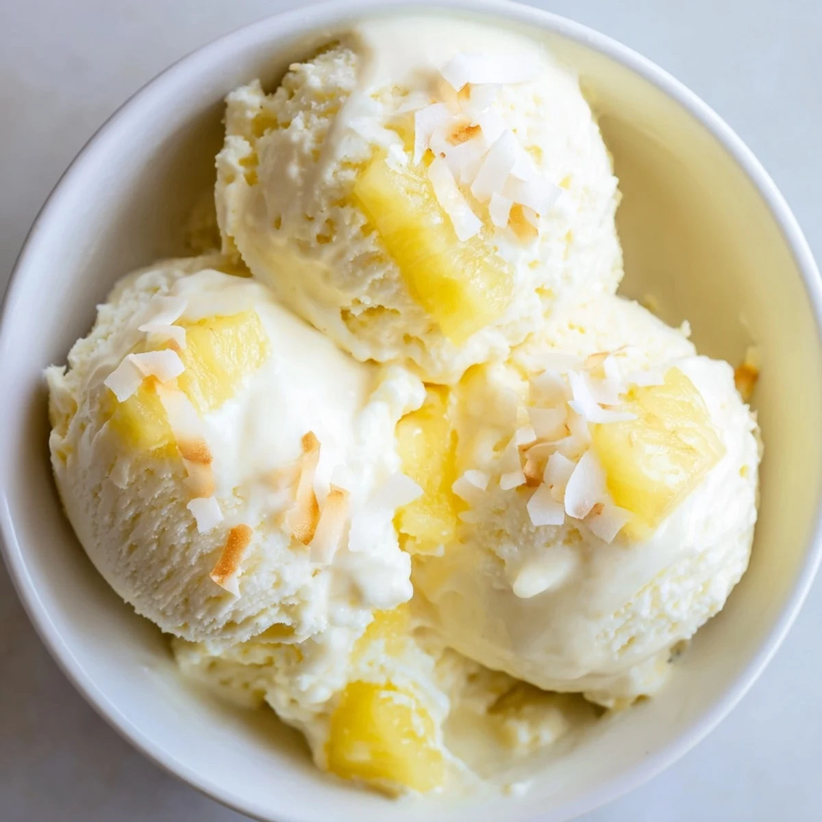 Spoonful of Creamy Pineapple Ice Cream garnished with toasted coconut, beachy indulgence
