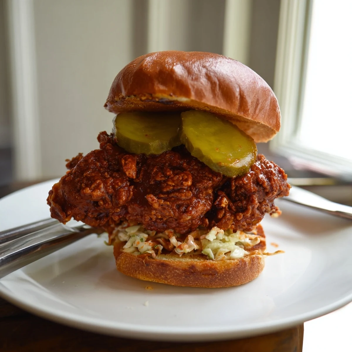 Spicy Nashville Hot Chicken Sandwiches piled on toasted brioche with tangy pickles  