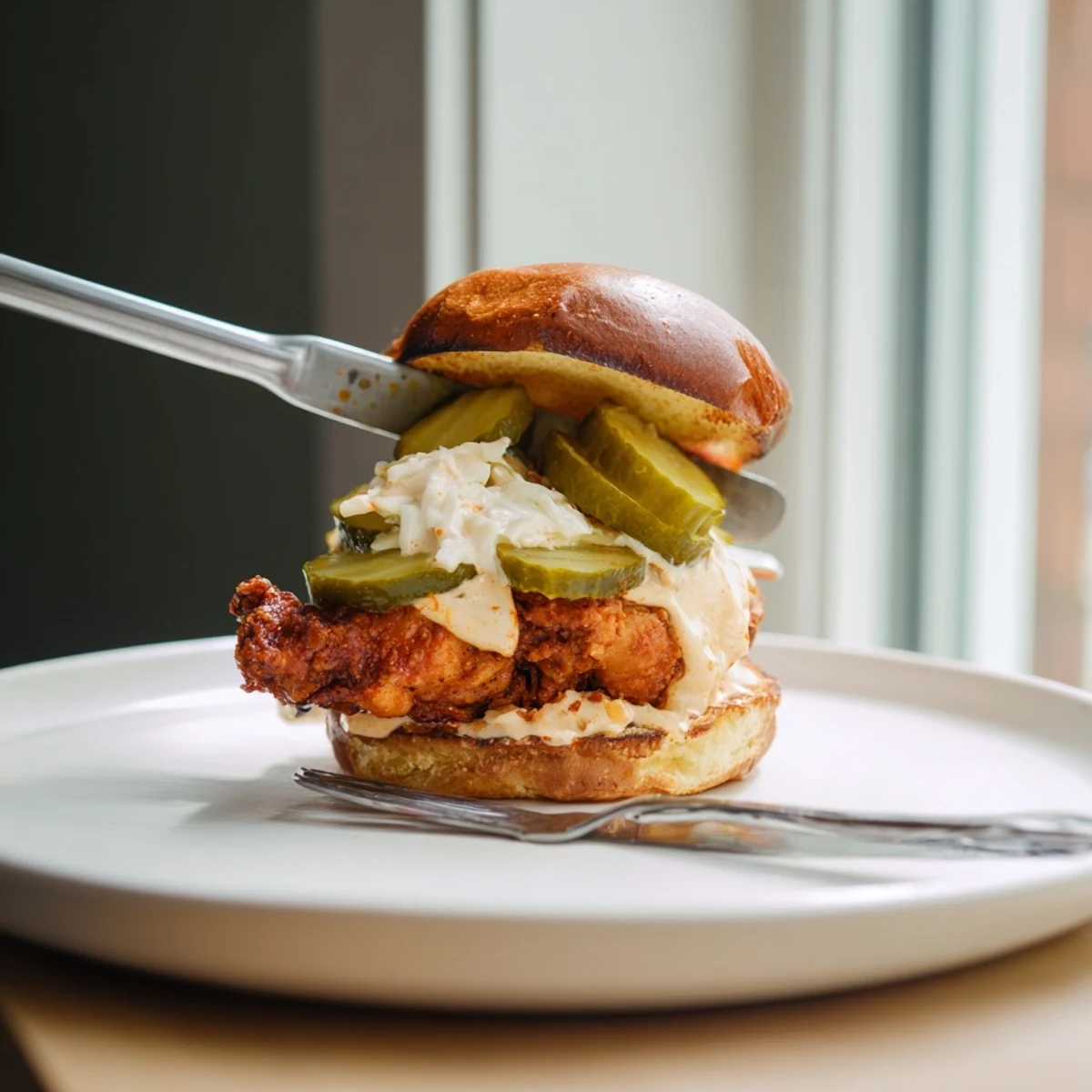 Crispy Spicy Nashville Hot Chicken Sandwiches brushed in hot oil, topped with creamy slaw  
