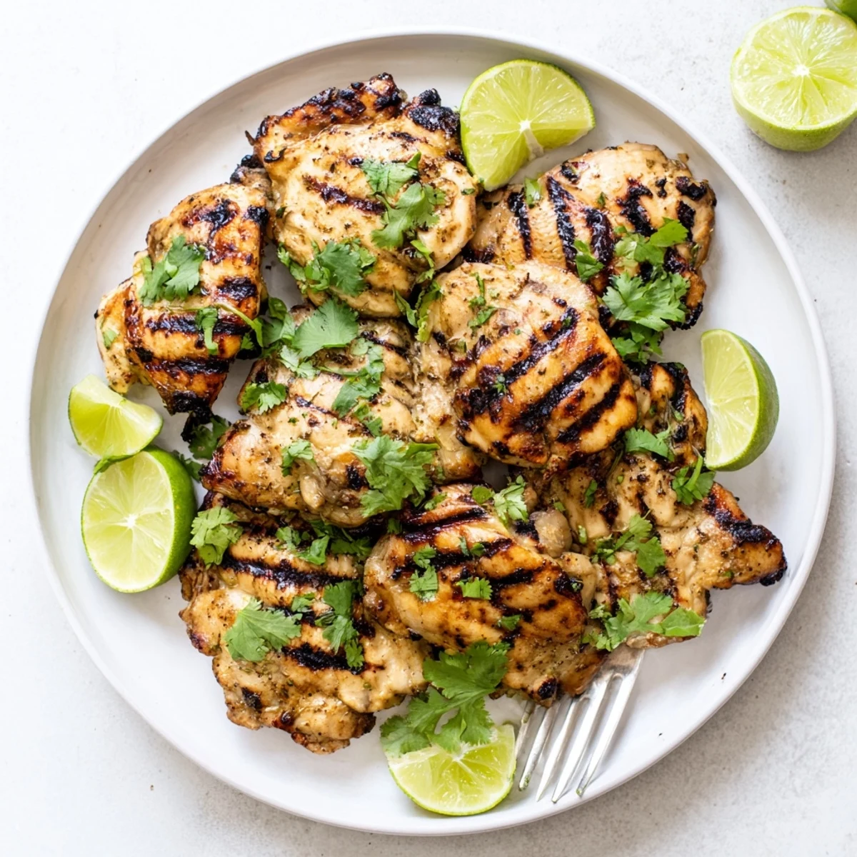 Golden brown grilled cilantro lime chicken thighs with charred grill marks and fresh herb garnish
