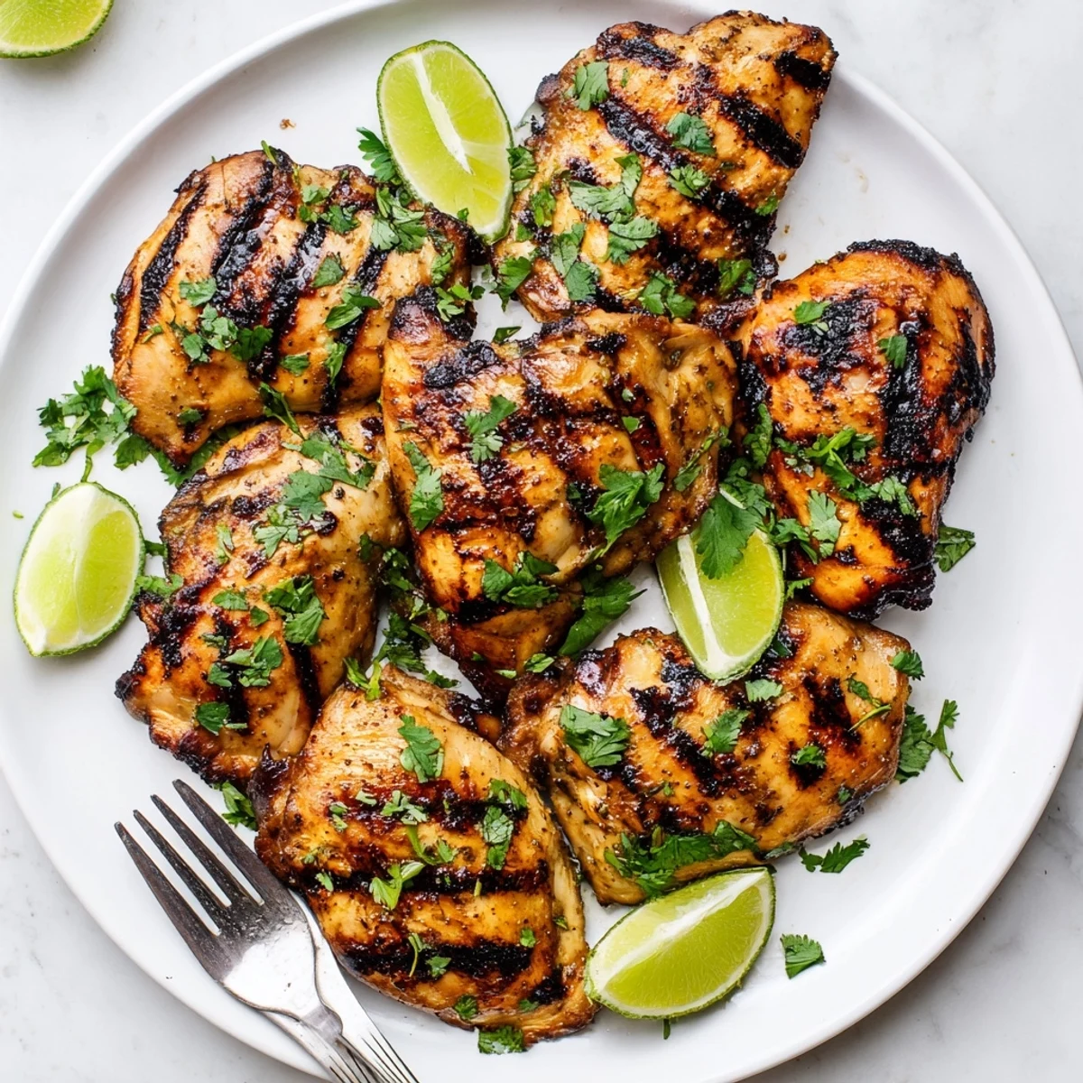 Juicy Mexican-inspired chicken thighs grilled to perfection after marinating in zesty lime and cilantro