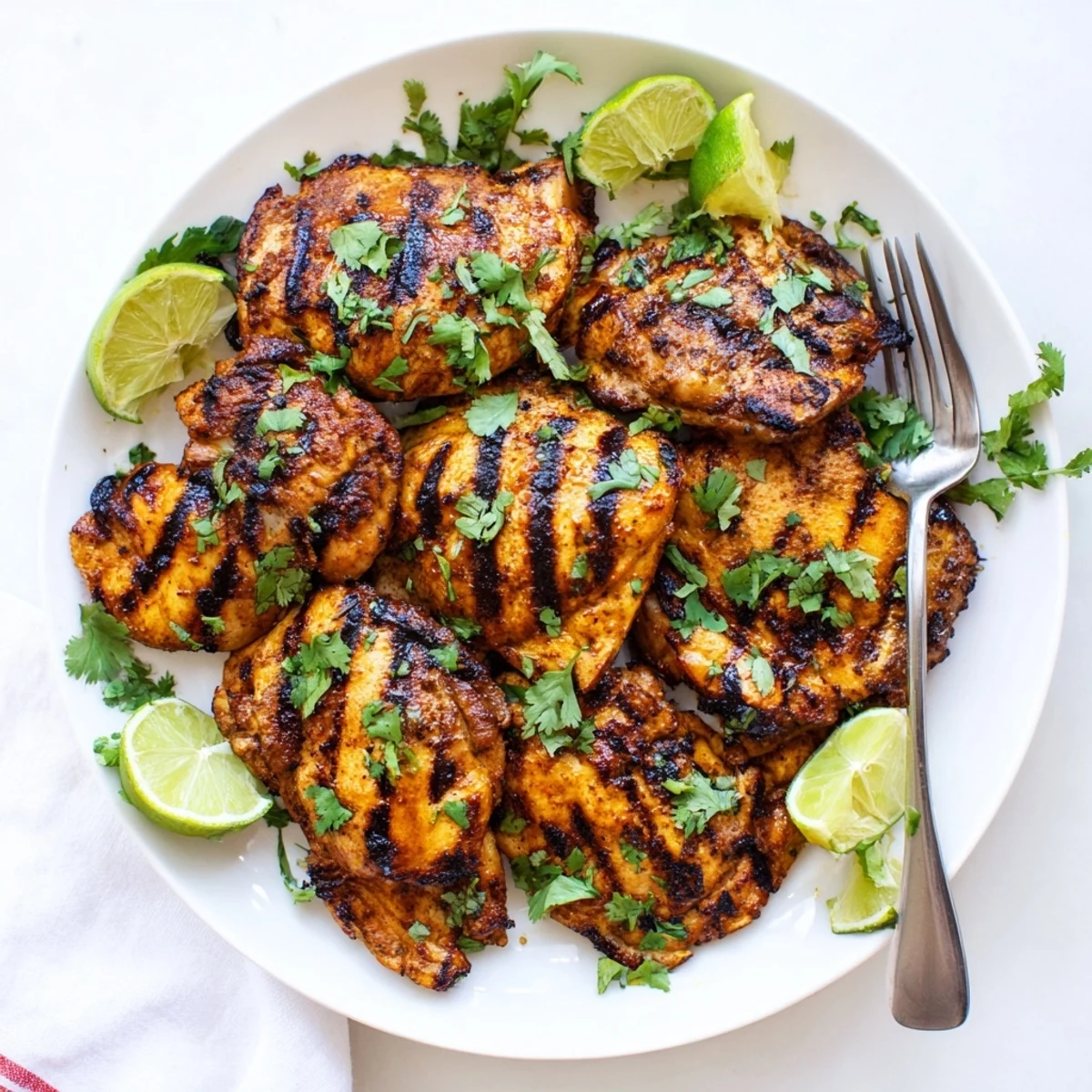 Perfectly grilled chicken thighs plated with lime wedges featuring a vibrant cilantro lime marinade glaze