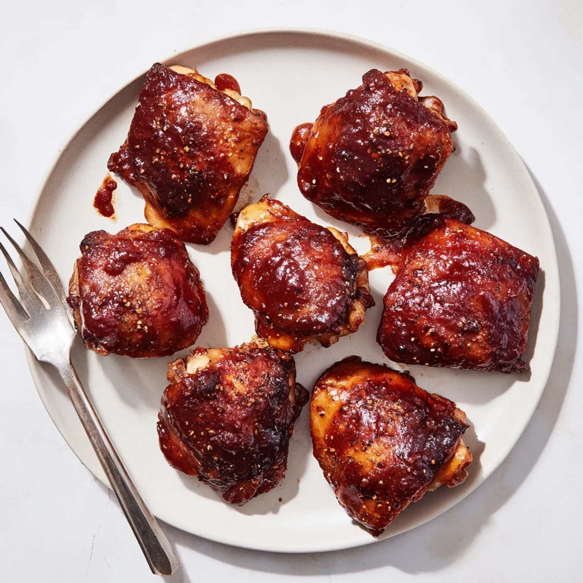 Golden glazed BBQ chicken thighs recipe with smoky char marks and sticky sauce coating