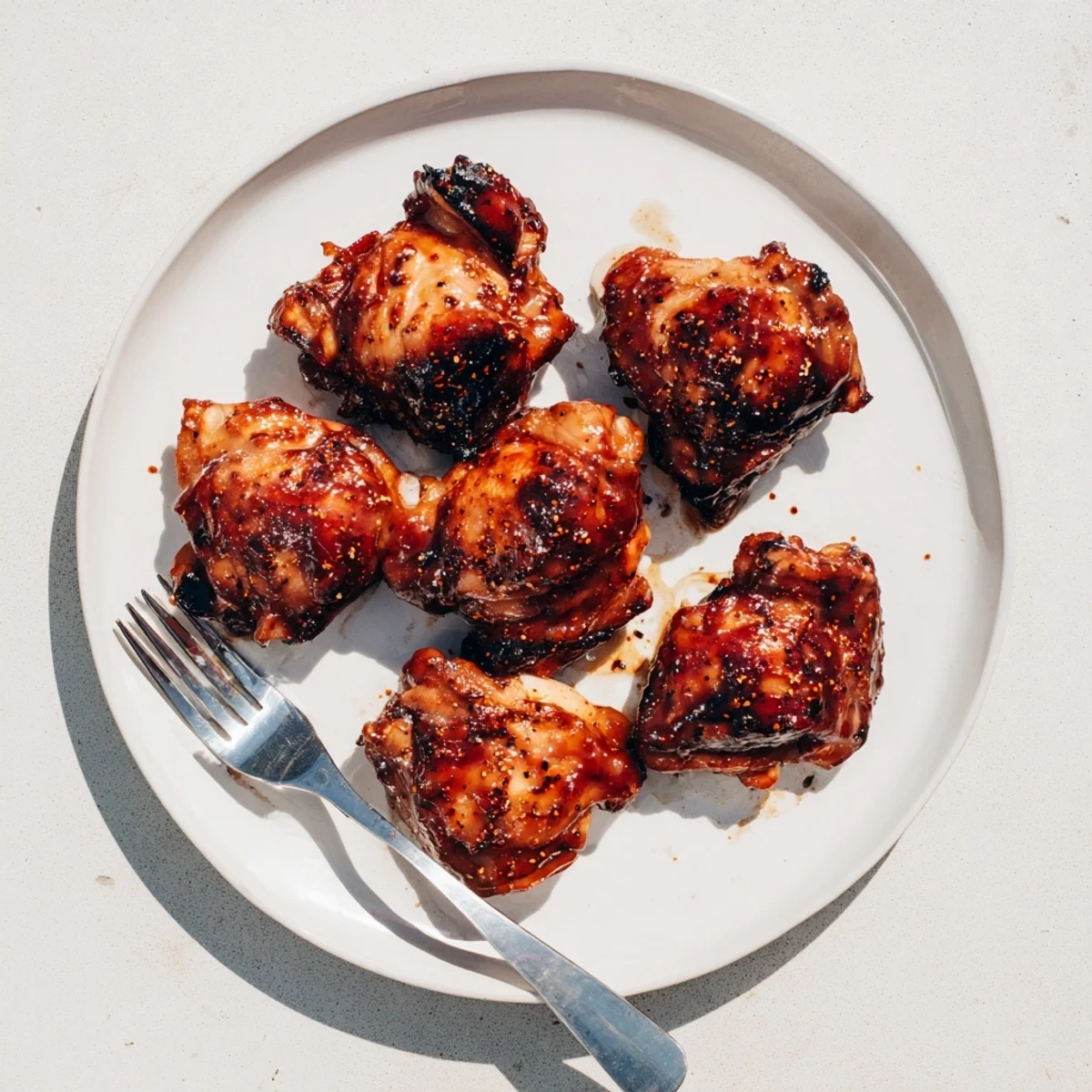 Tender grilled BBQ chicken thighs recipe served with extra barbecue sauce for brushing