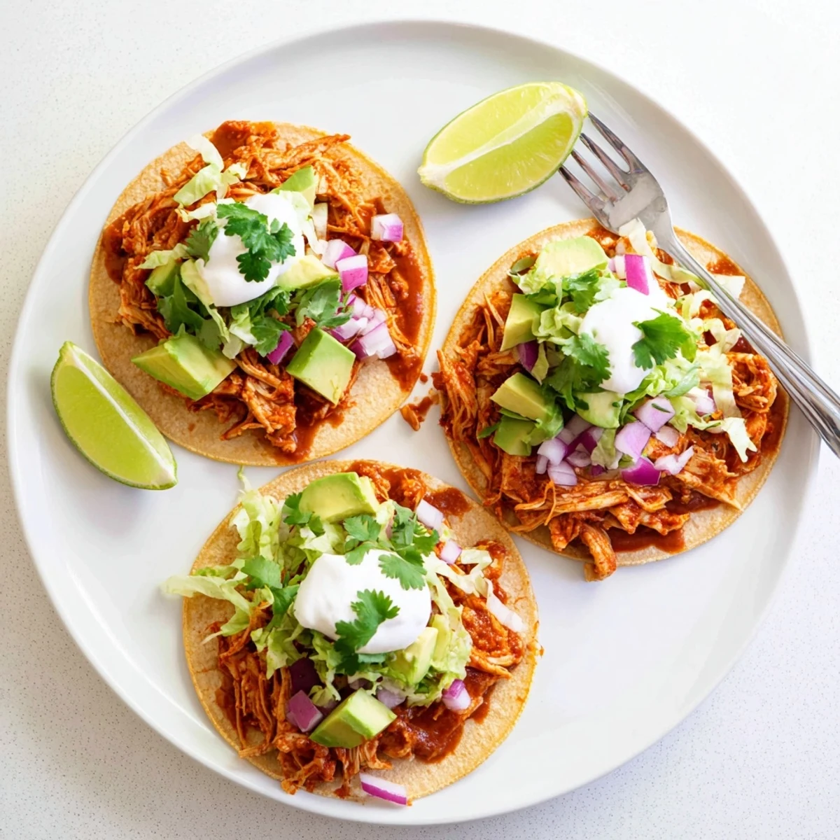Slow cooker chicken tacos featuring tender shredded spiced chicken piled in warm tortillas with fresh toppings