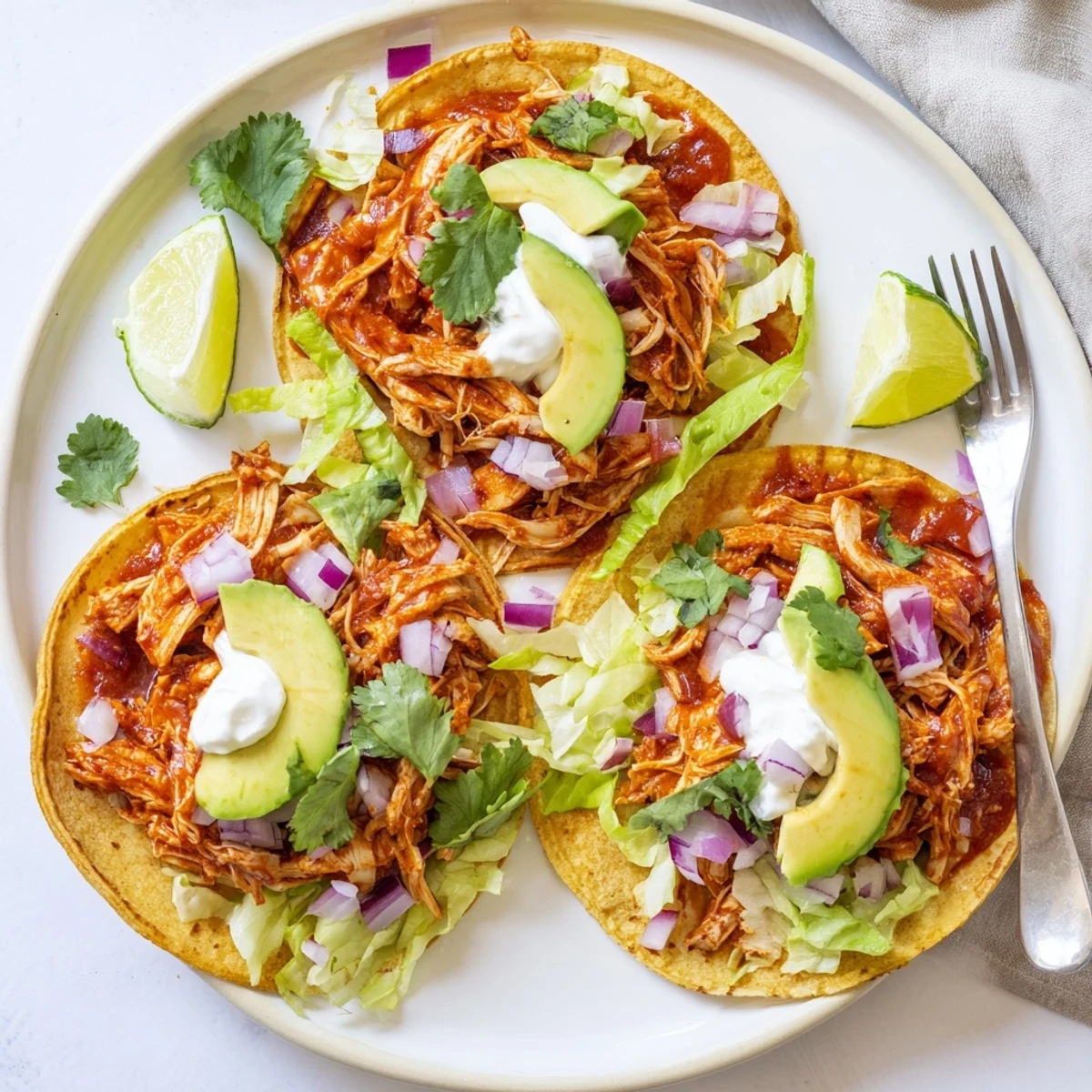 Homemade slow cooker chicken tacos with juicy spice-rubbed meat nestled in warm tortillas alongside crisp vegetables