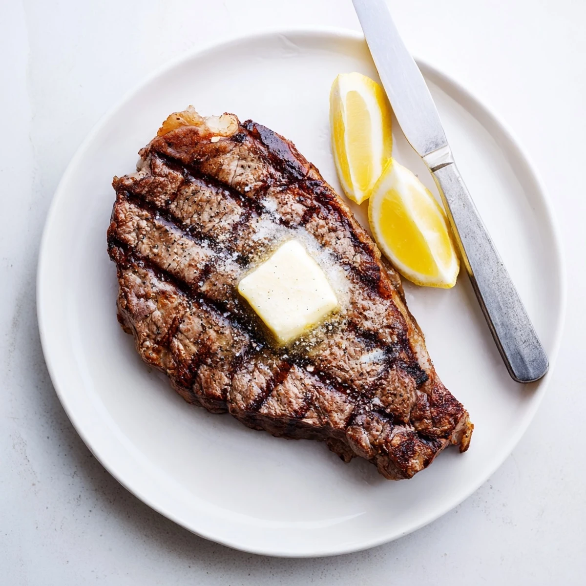 Juicy medium-rare how to grill steak recipe plated with fresh lemon wedges and herb butter topping