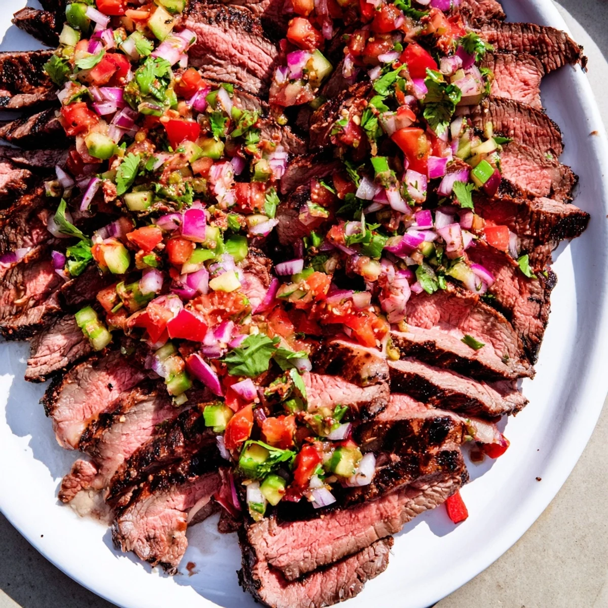 Sliced grilled flank steak arranged on a platter topped with vibrant poblano pico de gallo