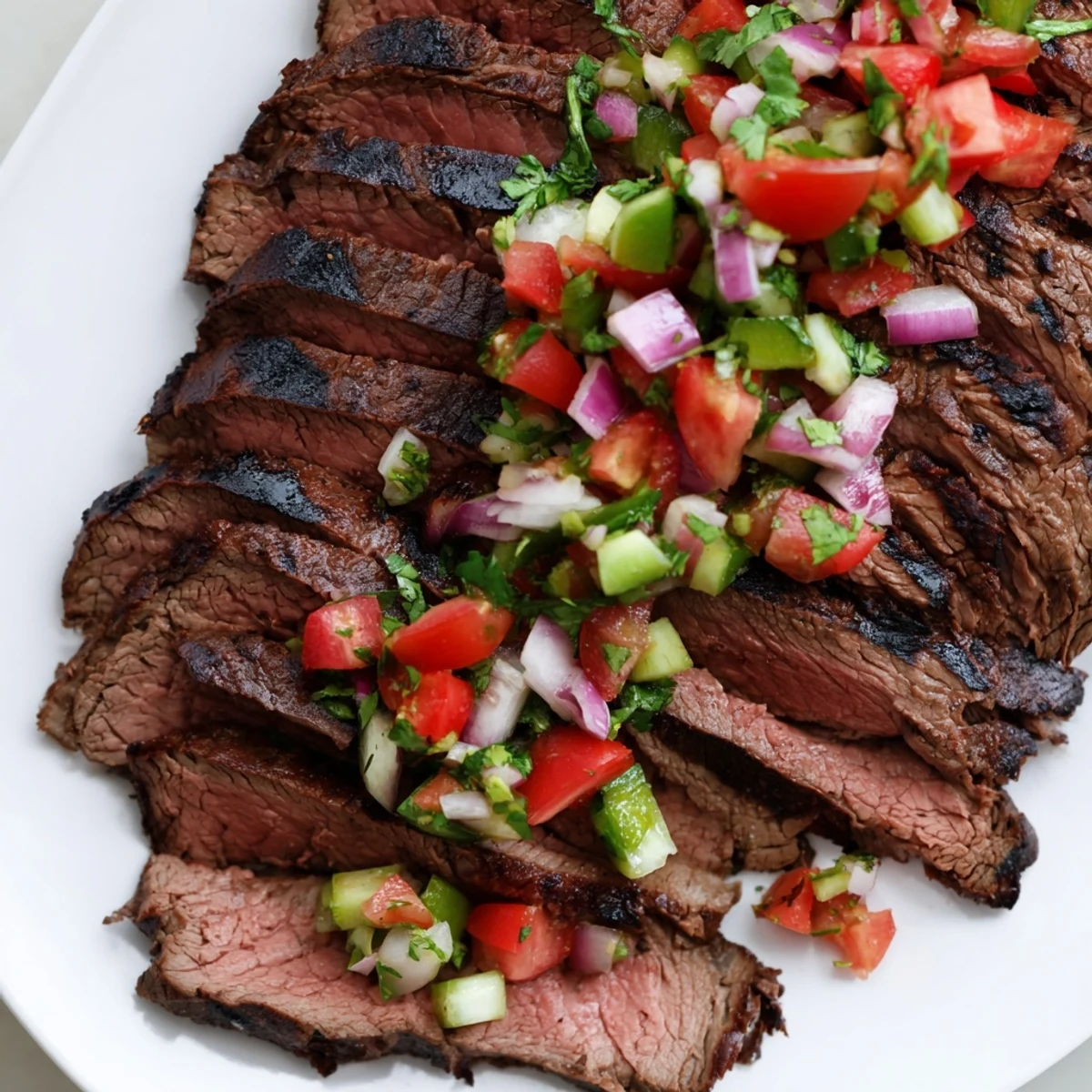 Juicy charred flank steak with roasted poblano pepper salsa garnished with fresh cilantro