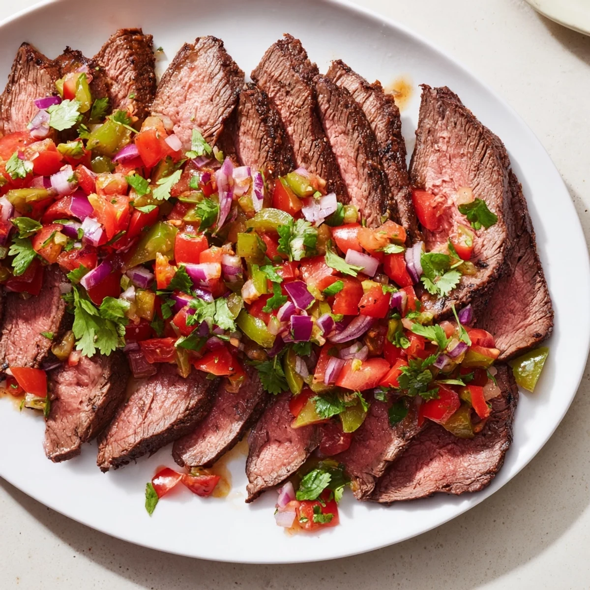 Medium-rare grilled flank steak served with colorful Mexican-style poblano tomato pico de gallo