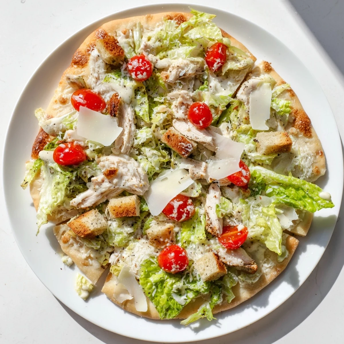 Golden chicken Caesar salad pizza with bubbly mozzarella and fresh romaine lettuce topping