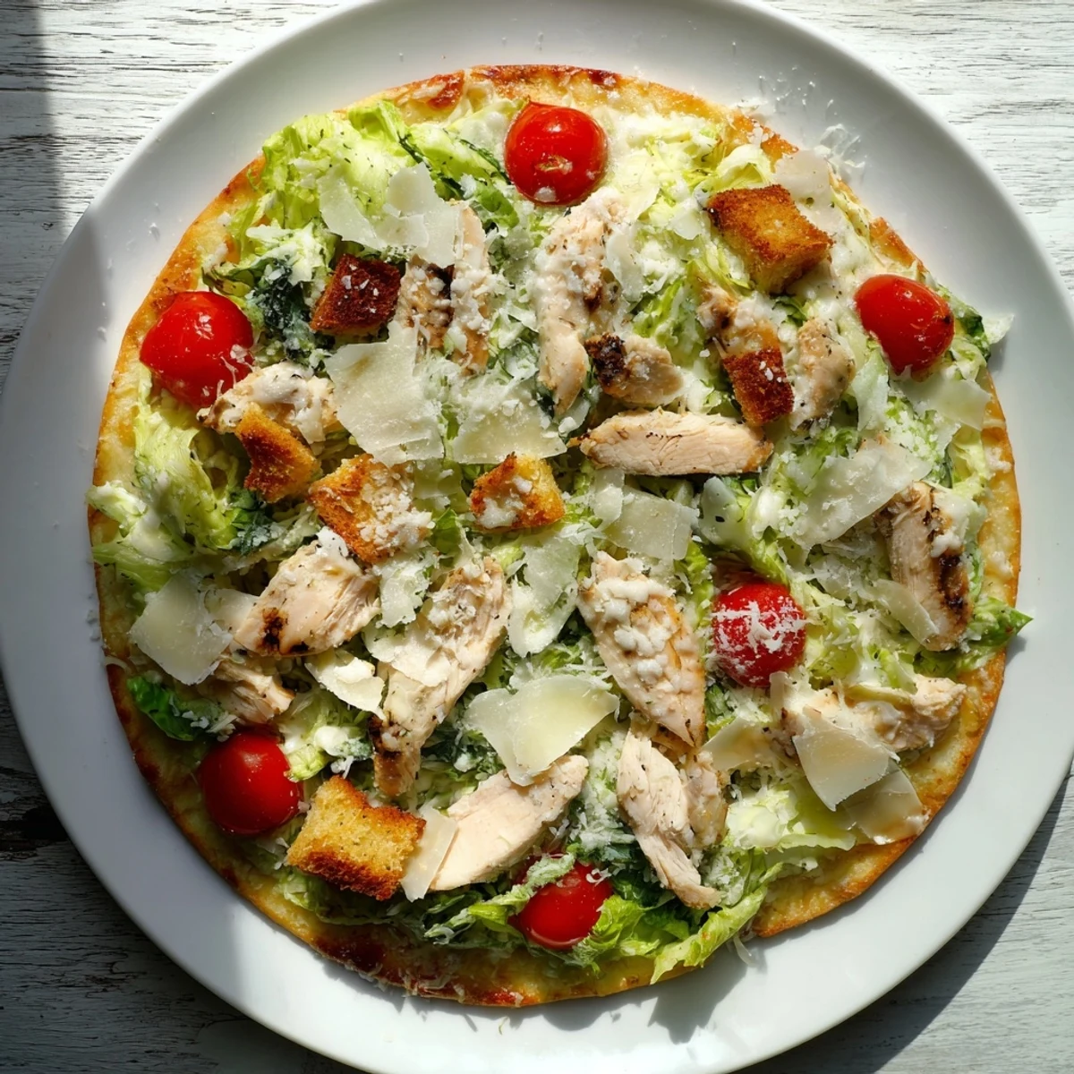 Crispy crust pizza topped with seasoned chicken Caesar salad and shaved Parmesan cheese