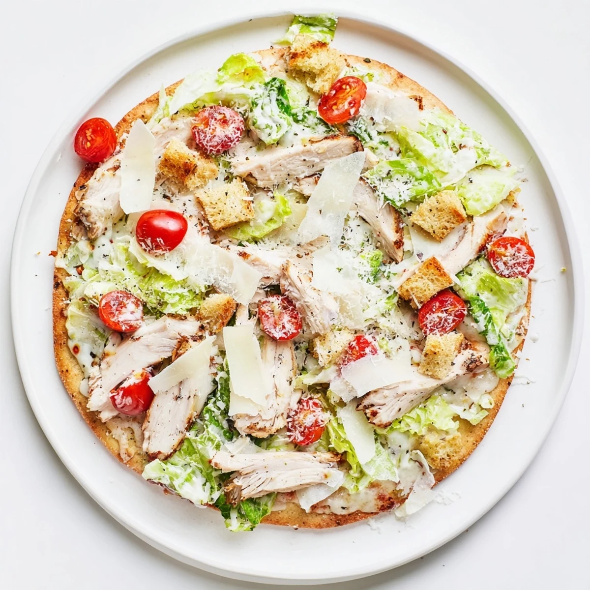 Sliced chicken Caesar salad pizza featuring creamy dressing over crisp romaine and cherry tomatoes