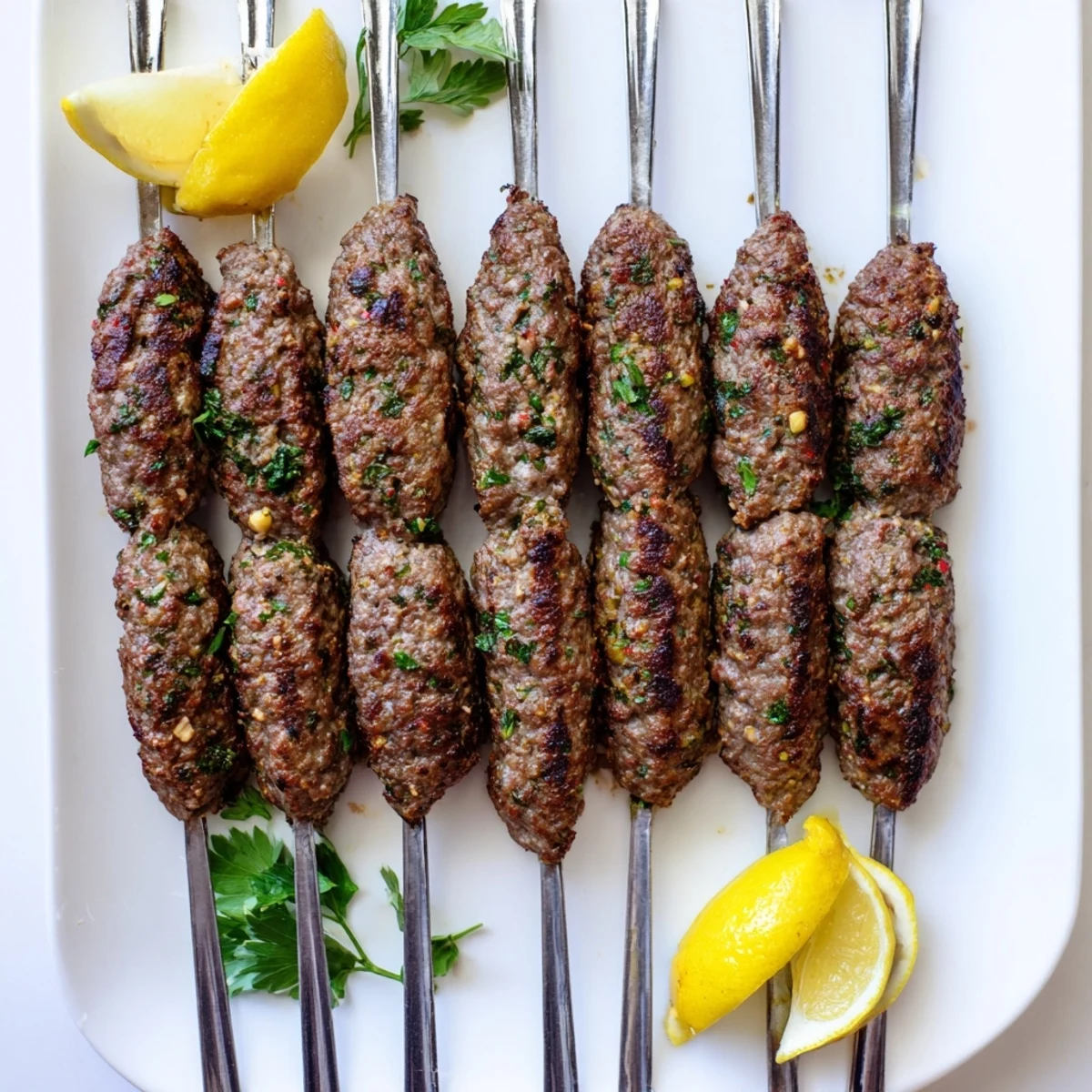 Golden brown Lamb Kofta Kebabs sizzling on the grill with fresh herbs and aromatic Middle Eastern spices