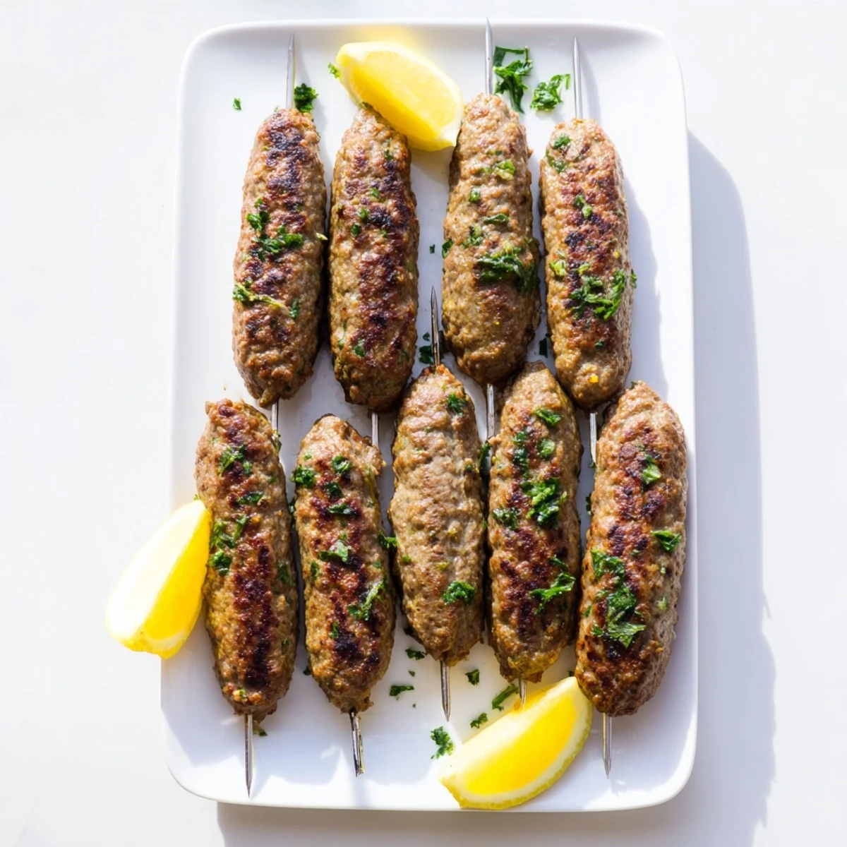 Savory Lamb Kofta Kebabs served on wooden skewers with bright lemon wedges and a side of fluffy rice