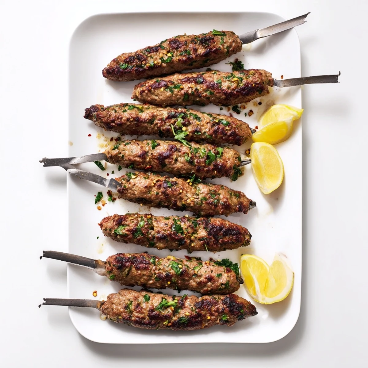 Juicy grilled Lamb Kofta Kebabs on a platter garnished with chopped parsley and mint, perfect for sharing