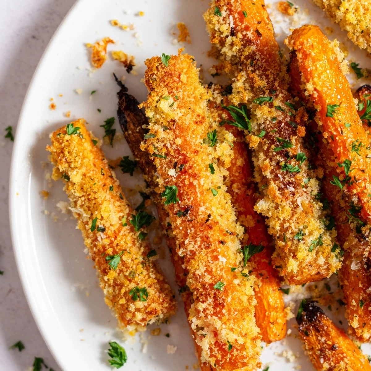 Golden roasted parmesan carrots arranged on a white baking sheet with fresh parsley garnish