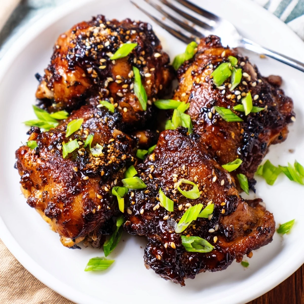 Golden brown garlic black pepper chicken garnished with fresh green onions and sesame seeds