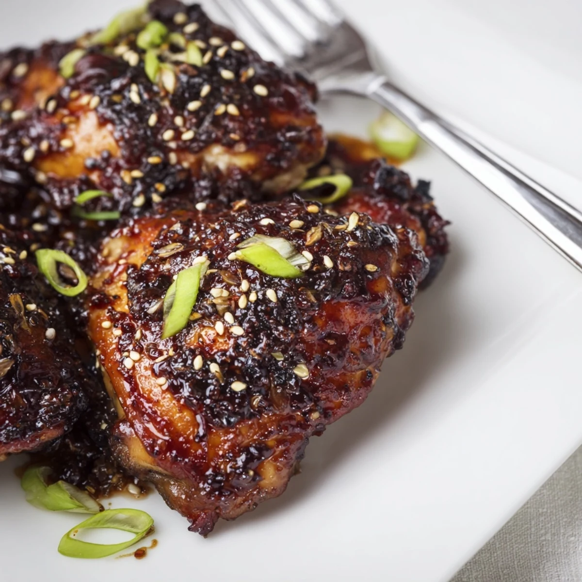 Juicy pan-seared chicken thighs coated in aromatic garlic and freshly cracked black pepper glaze