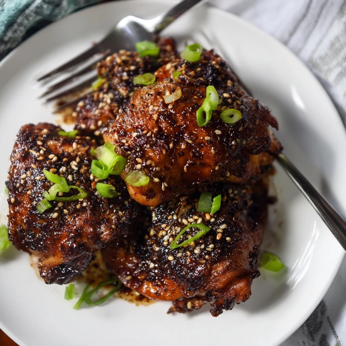 Savory garlic black pepper chicken served over steamed white rice with chopped scallions