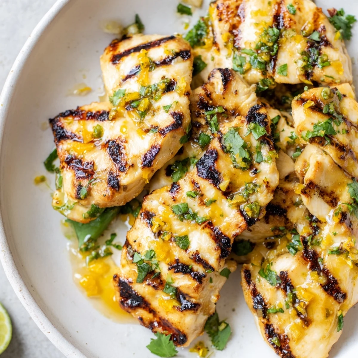 Juicy tropical marinated chicken sizzling on grill with herb specks and grill lines