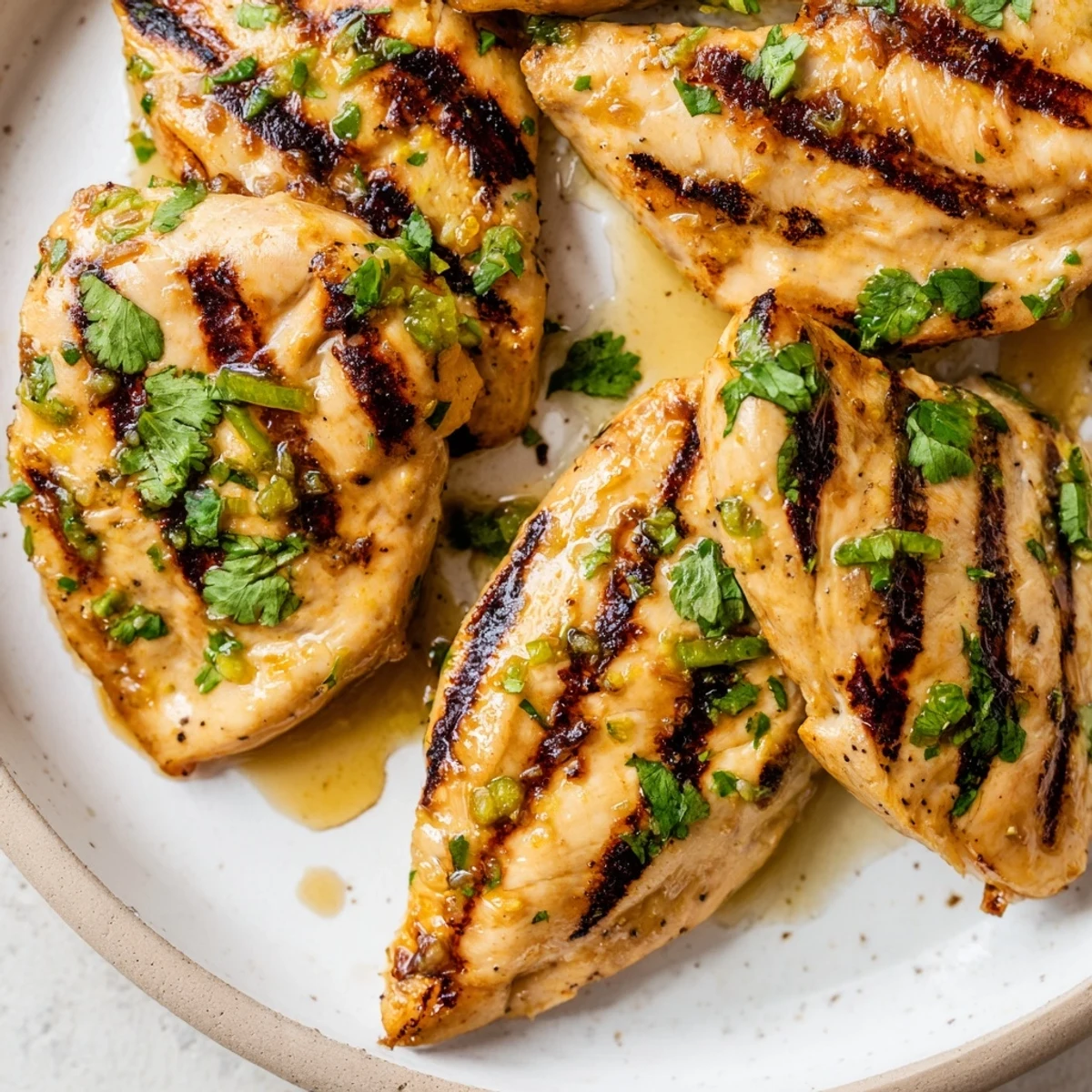 Tender honey lime grilled chicken breasts plated with zesty lime wedges on white dish