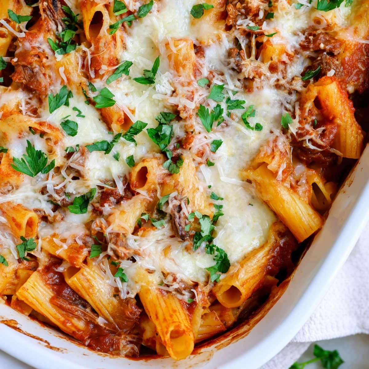 Golden cheesy chuck roast pasta bake featuring tender beef in rich tomato sauce bubbling hot