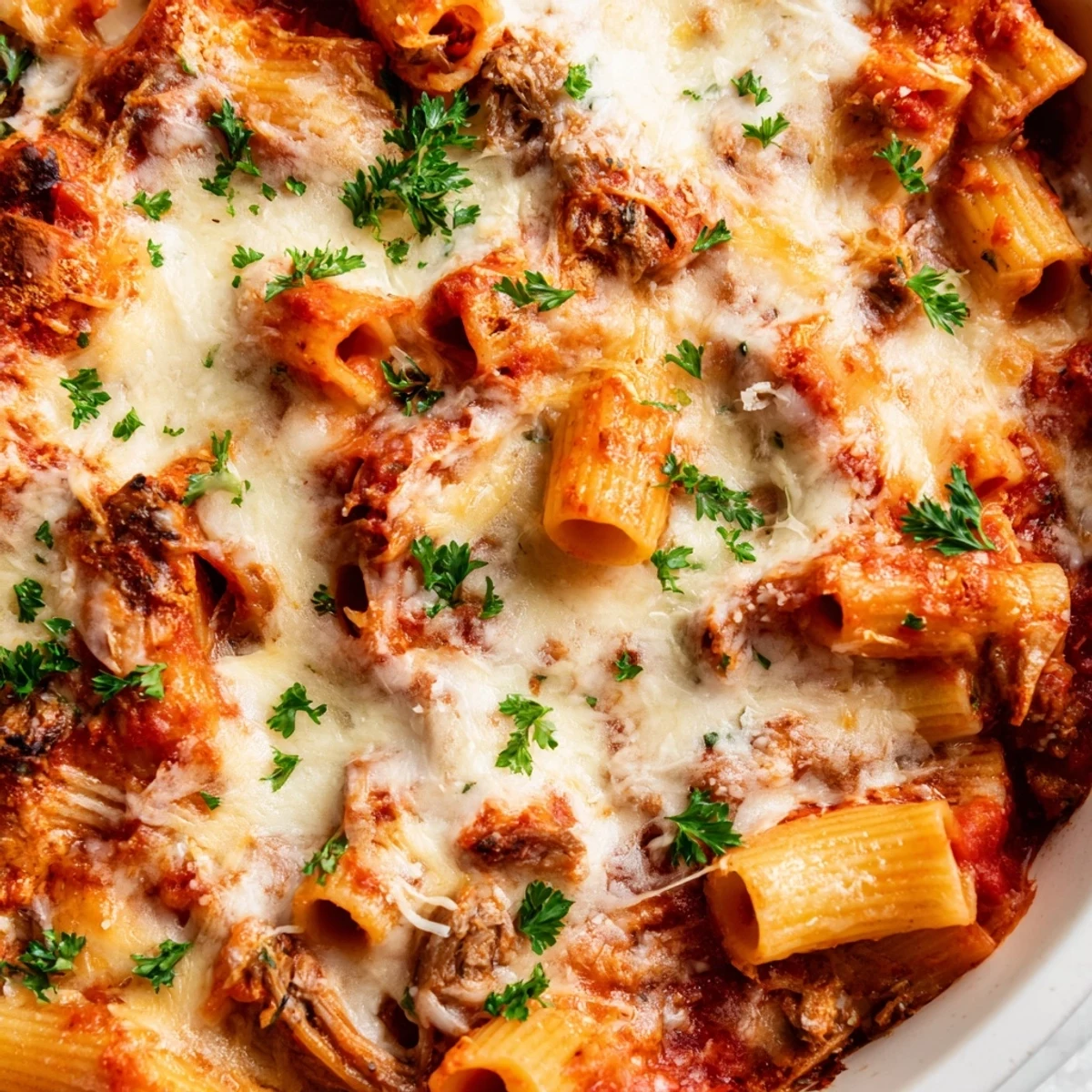 Hearty pasta bake layered with slow-cooked chuck roast and melted mozzarella cheese topping