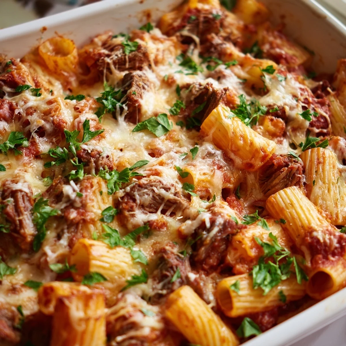 Baked rigatoni tossed with shredded chuck roast in savory tomato sauce under golden Parmesan crust
