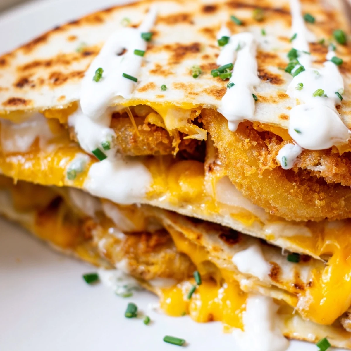 Golden onion ring chips quesadilla with melted cheddar and mozzarella oozing from crispy tortilla