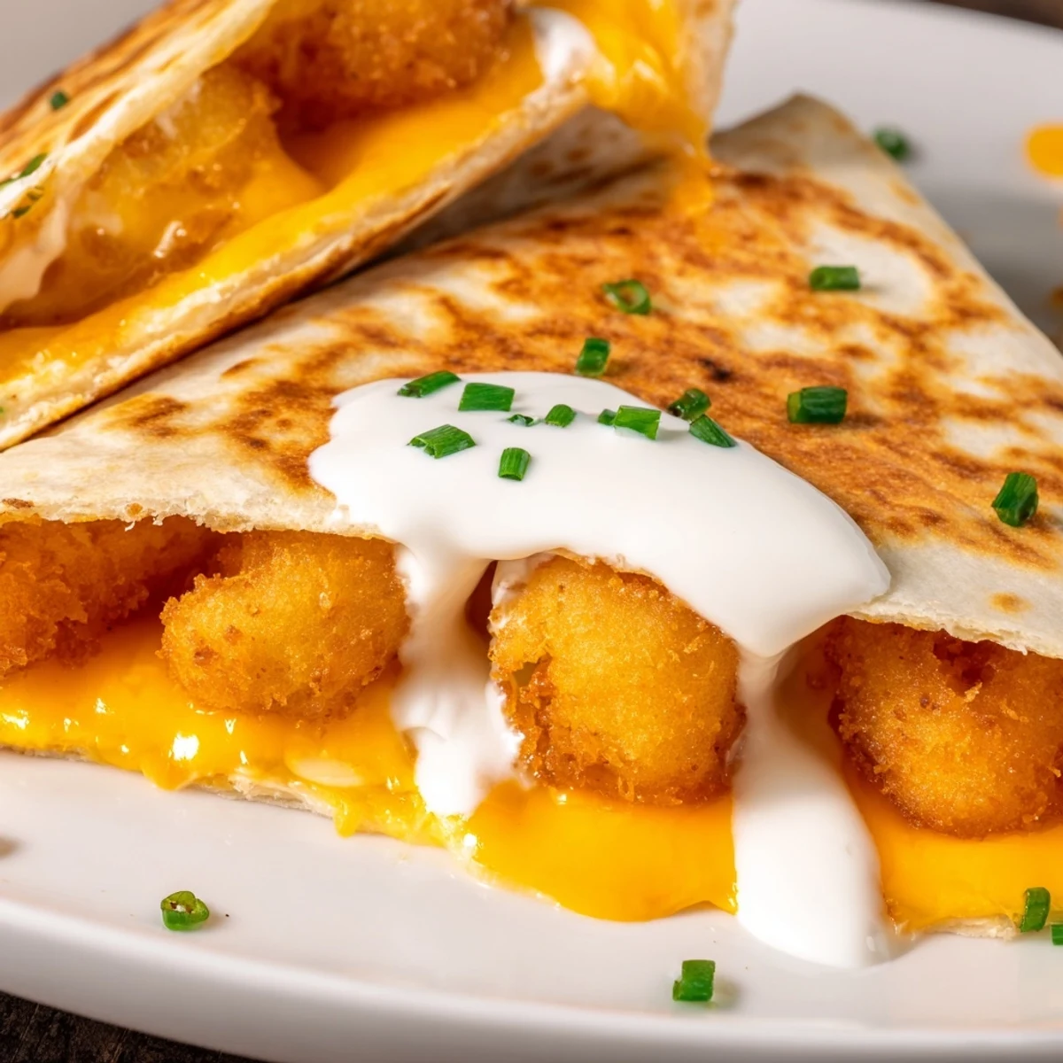 Crispy fried onion rings nestled inside cheesy quesadilla served with sour cream and fresh chives
