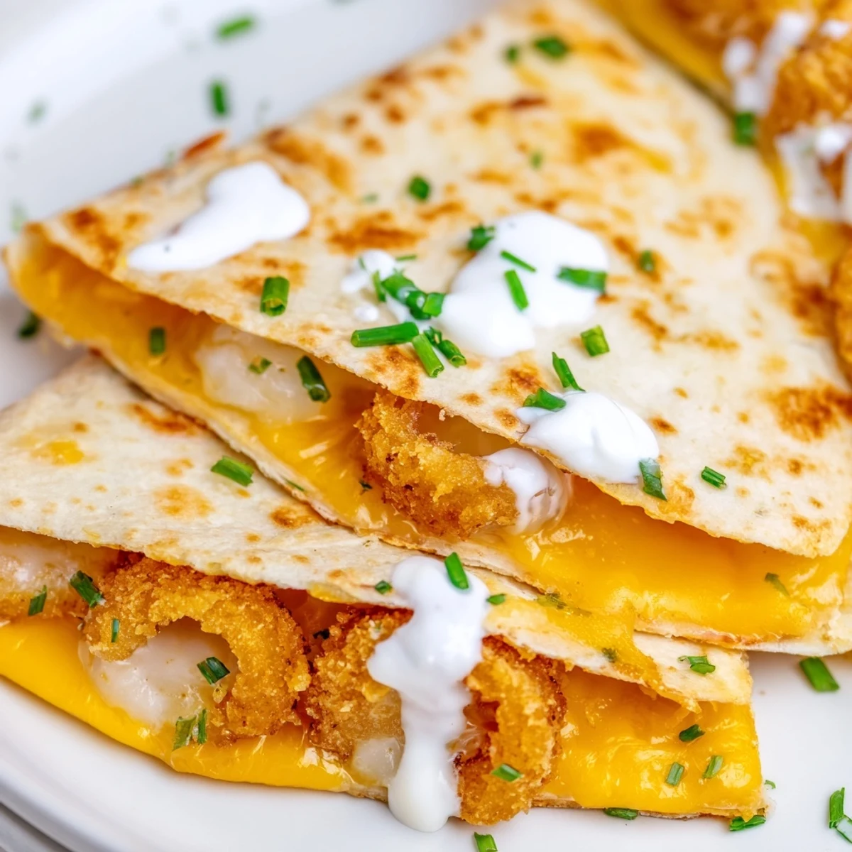 Savory Tex-Mex quesadilla stuffed with crunchy battered onion rings and gooey shredded cheese blend