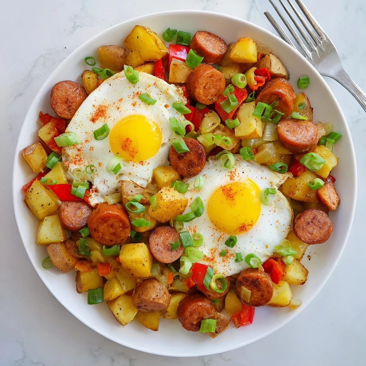 Golden skillet of Cajun beef sausage breakfast hash topped with perfectly cooked sunny-side up eggs