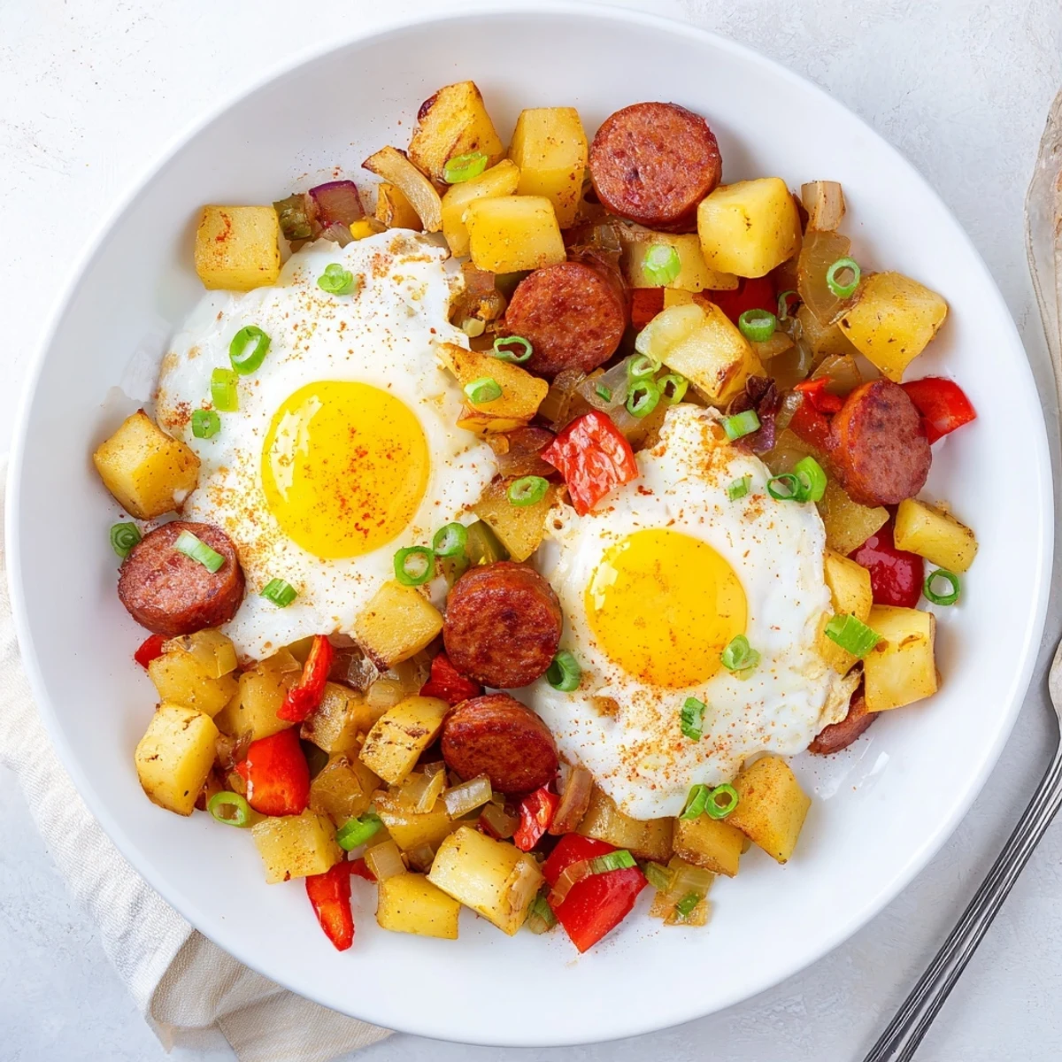 Hearty Cajun beef sausage breakfast hash featuring crispy potatoes, colorful peppers, and savory seasonings