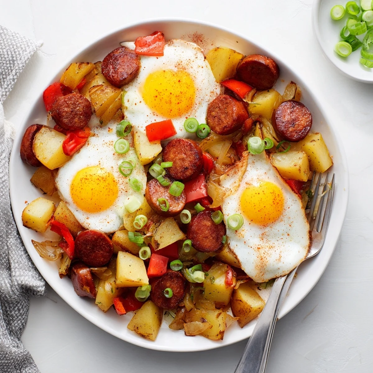 One-pan Cajun beef sausage breakfast hash with eggs nestled among golden brown potato vegetables