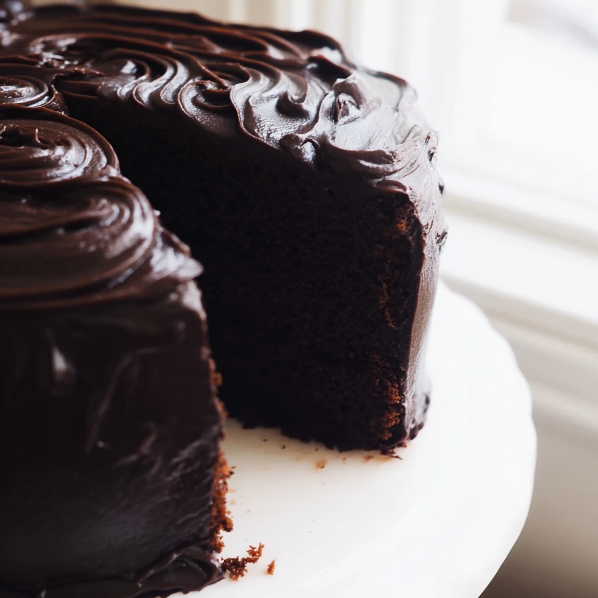 Matilda Chocolate Cake slice revealing moist dark crumb topped with thick creamy chocolate frosting swirls