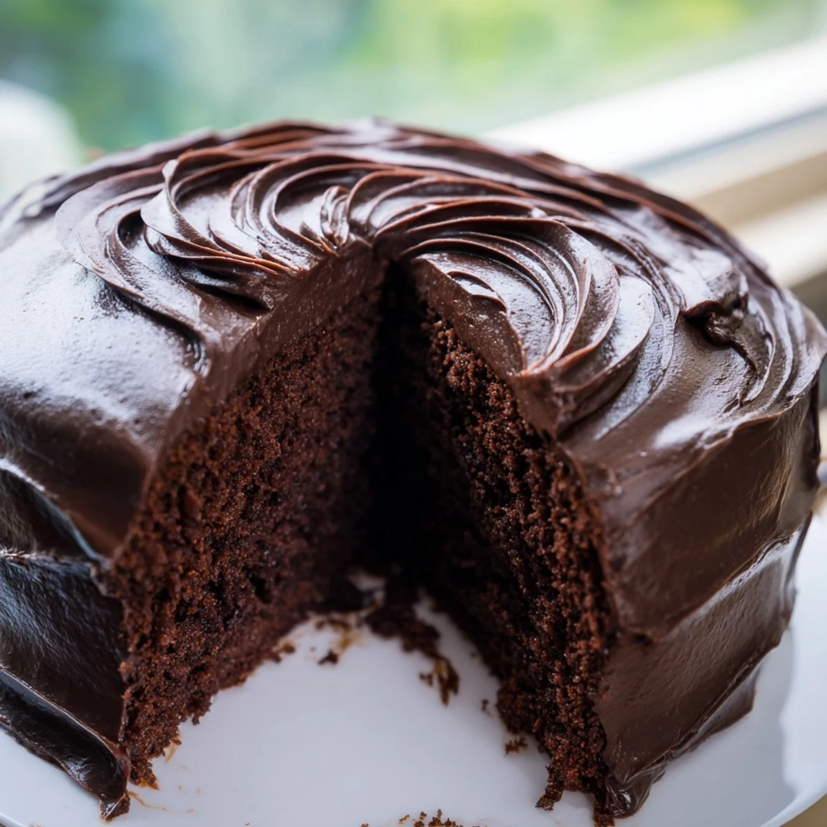 Two-layer Matilda Chocolate Cake drizzled with ganache and dusted with cocoa powder on white plate