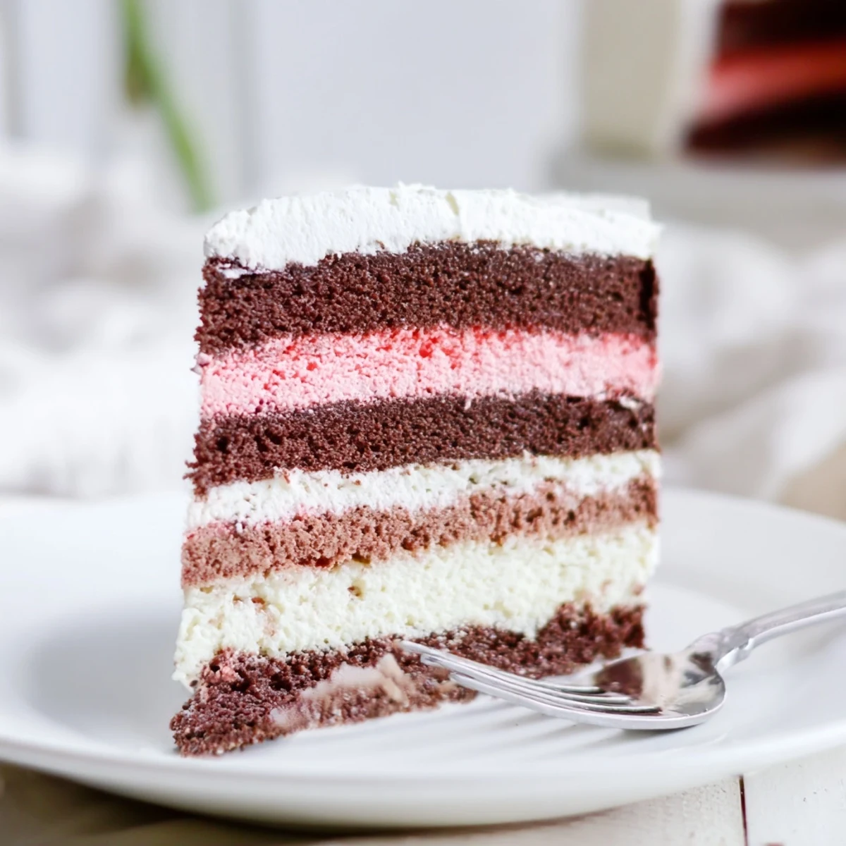 Slice of Neapolitan cake showing chocolate, vanilla, and strawberry layers with creamy buttercream frosting