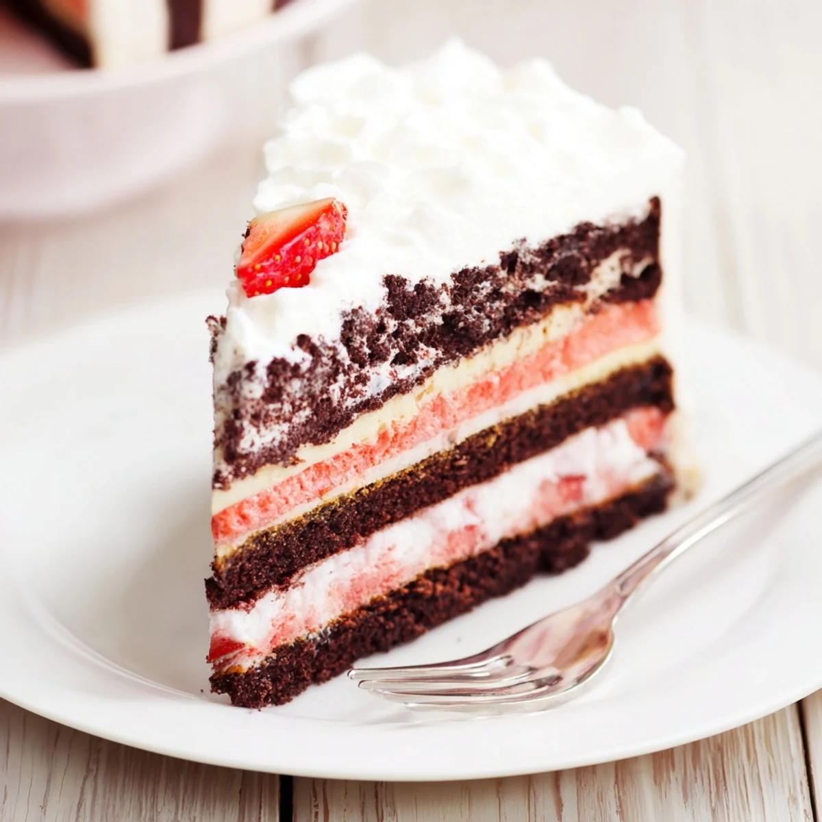 Homemade Neapolitan cake with three colorful layers frosted in white buttercream on a serving plate