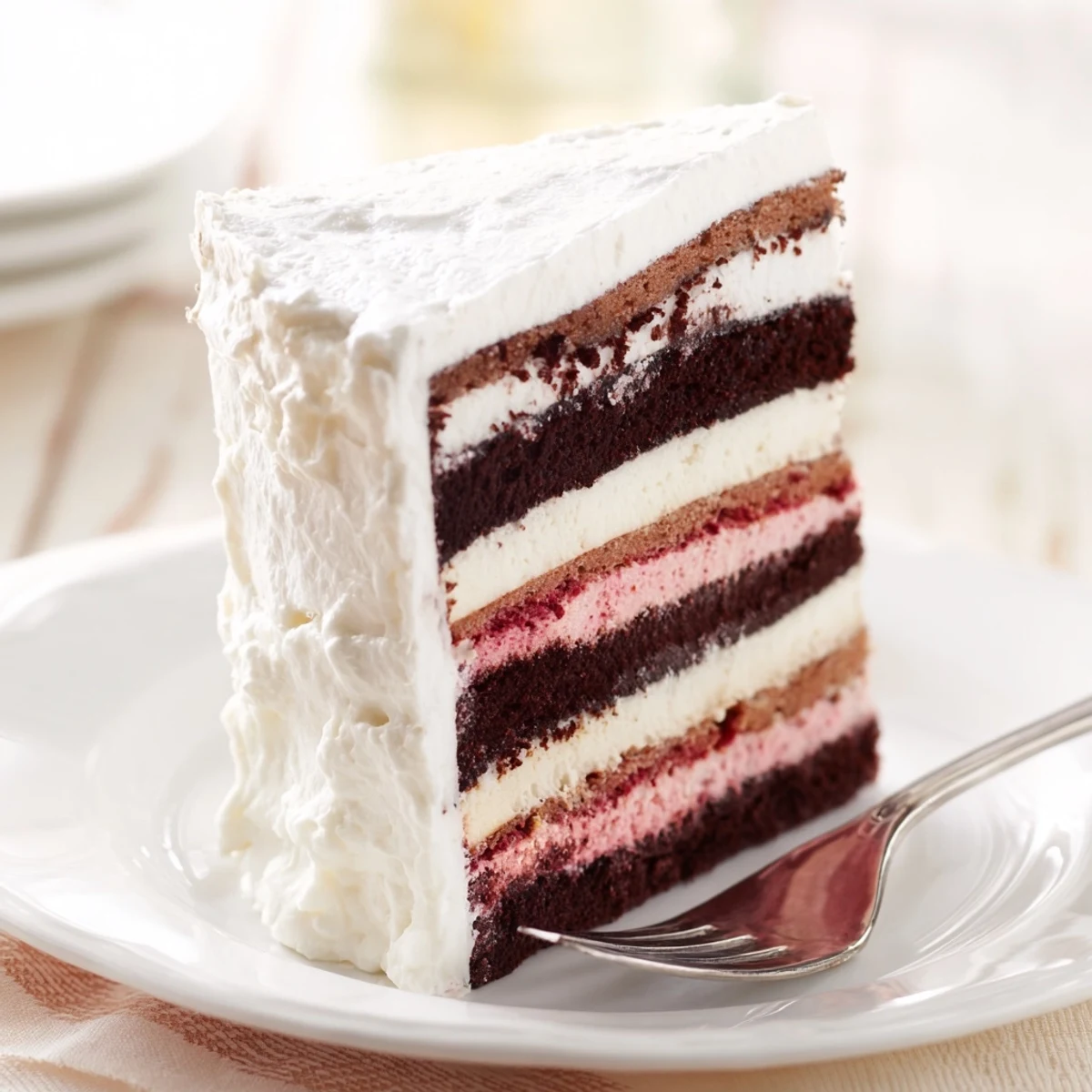 Tri-layer Neapolitan cake displaying classic ice cream flavors topped with smooth buttercream and festive sprinkles