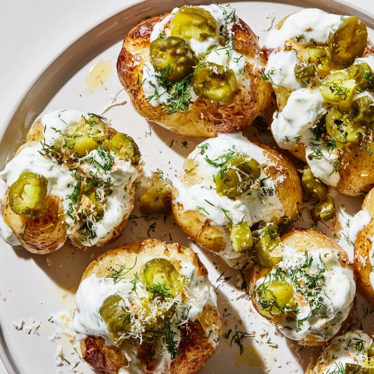 Golden baby potatoes topped with creamy ranch sauce and chopped dill pickles on plate