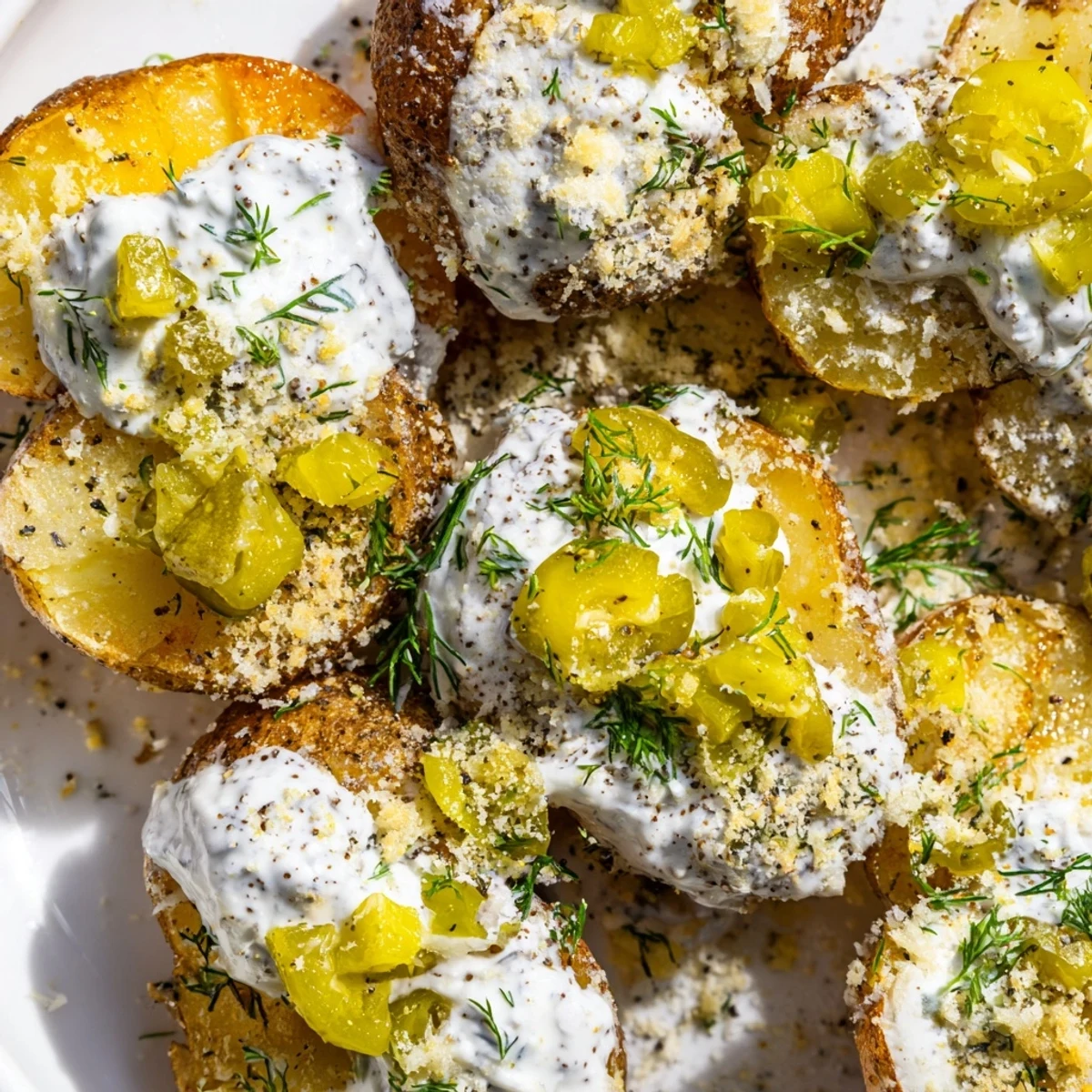 Crispy golden smashed potatoes drizzled with tangy dill pickle ranch and fresh herbs