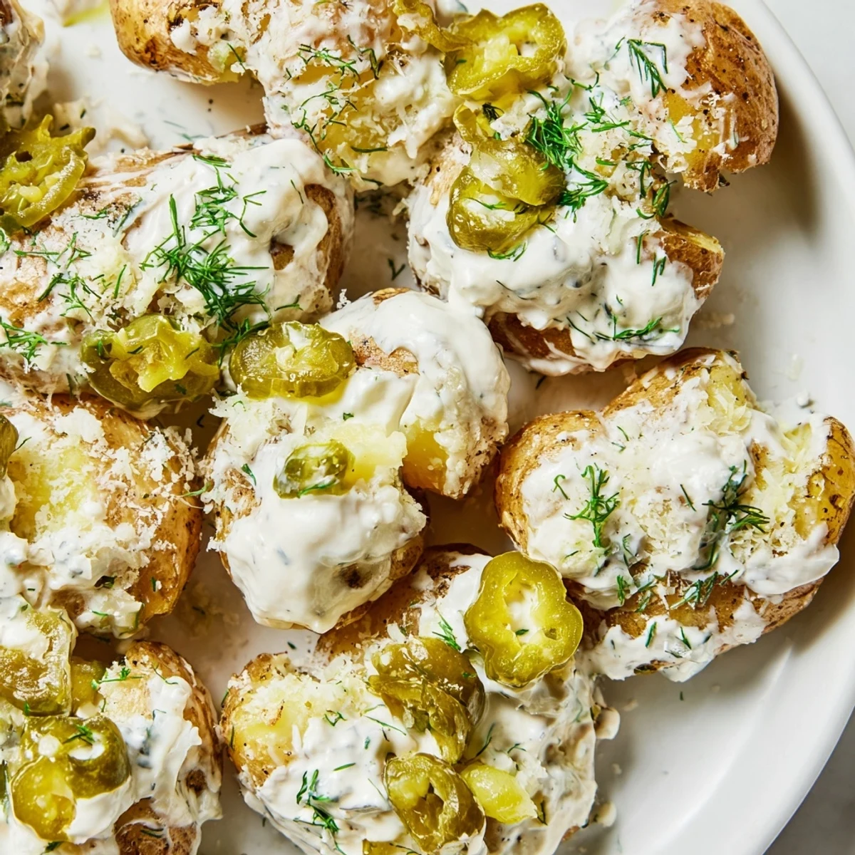 Oven-baked smashed appetizers featuring tangy pickles, creamy ranch, and vibrant green dill garnish